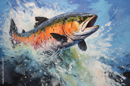 Beautiful painting of coho salmon jumping over water and splashing. Wildlife Animals. Illustration, Generative AI. © yod67