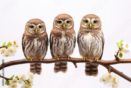 Image of group of an asian barred owlet on a branch on a white background. Birds. Animals. Illustration, Generative AI.
