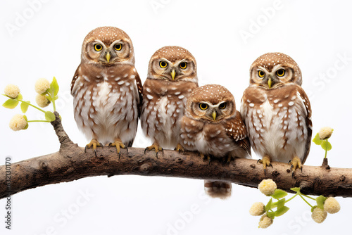 Image of group of an asian barred owlet on a branch on a white background. Birds. Animals. Illustration, Generative AI.