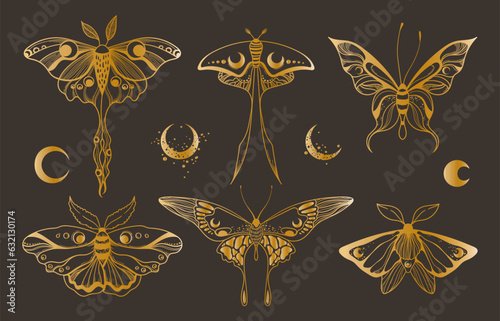 Mystical celestial moth and butterfly clipart bundle in golden foil texture, magic golden colored insects silhouettes in vector, unreal hand drawn night moth, isolated elements set