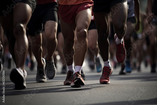 Close-up of pumped up legs of marathon runners running on the road, competition.