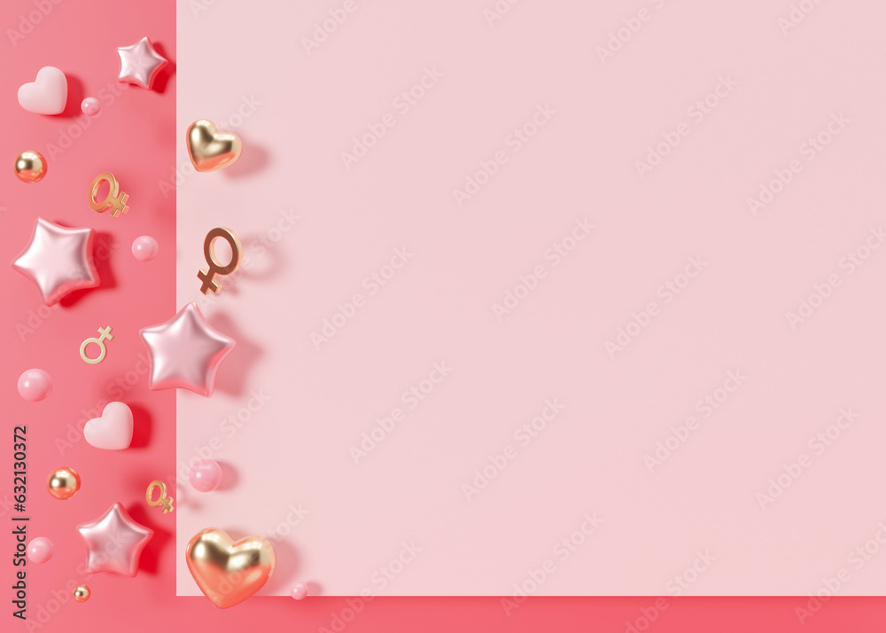 Pink background with hearts, stars, venus signs and copy space. It's a girl backdrop with empty space for text. Baby shower or birthday invitation, party. Baby girl birth announcement. 3D render.