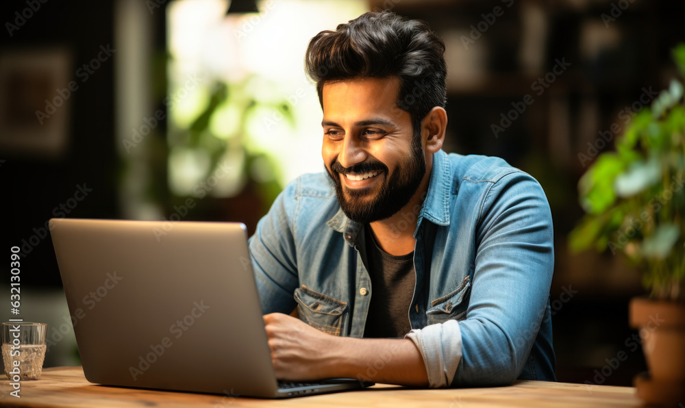Work from Home: Indian Man Smiling while Telecommuting with Laptop Work from Home: Indian Man Smiling while Telecommuting with Laptop