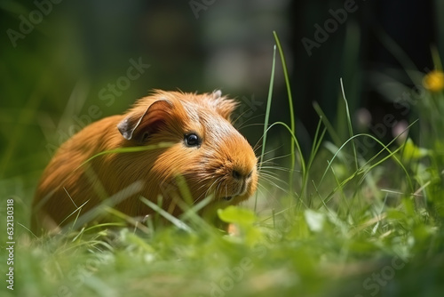 Image of guinea pig resting on green pasture grass on summer. Pet. Animals. Illustration. Generative AI. photo