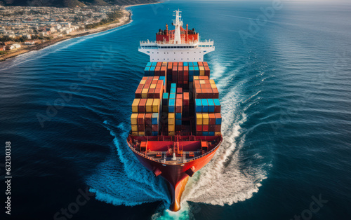 Container Cargo Ship in the Vast Ocean - Aerial View
