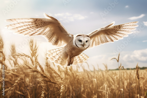 Image of an barn owl is spreading its wings and flying in the meadow. Bird. Wildlife Animals. Illustration, Generative AI.