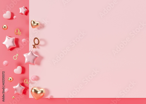 Pink background with hearts, stars, venus signs and copy space. It's a girl backdrop with empty space for text. Baby shower or birthday invitation, party. Baby girl birth announcement. 3D render. © Creative_Bird