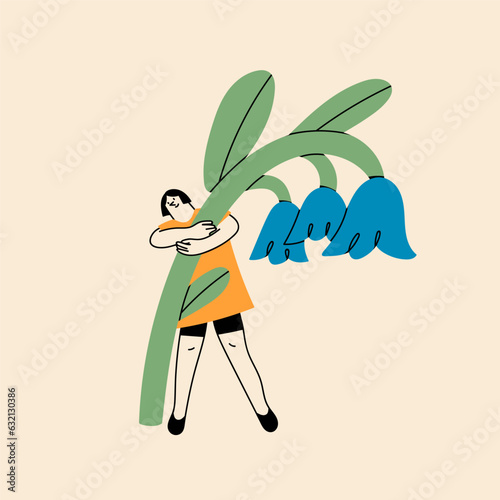 Tiny lady stands with a giant Flower. Young person hugging flower. Cute funny isolated character. Cartoon style. Hand drawn Vector illustration. Flower delivery service, florist, botanical concept