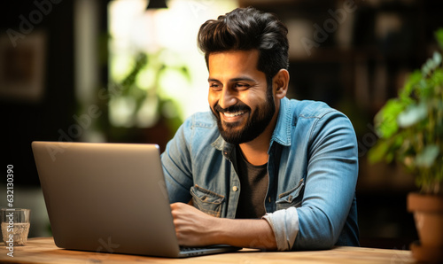 Work from Home: Indian Man Smiling while Telecommuting with Laptop
