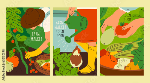 People work in the garden or farm. Set of three Hand drawn Vector illustrations. Harvesting, local food, gardening, seasonal agricultural work, farm market concept. Poster, print, design template