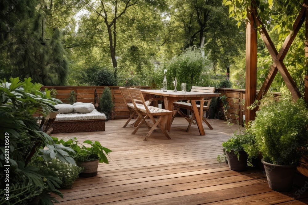Obraz premium Quiet garden terrace, ideal place to enjoy the beauty of spring and summer. The harmony of wood and nature creates a relaxing atmosphere.