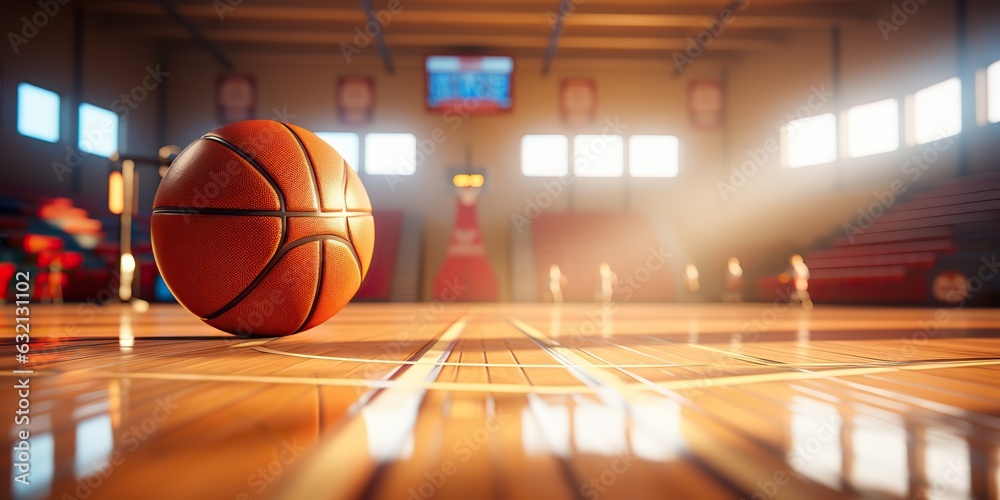 AI Generated. AI Generative. Basketball game sport arena stadium court on spotlight with basket ball on floor. Graphic Art AI Generated. AI Generative. Basketball game sport arena stadium court on spotlight with basket ball on floor. Graphic Art