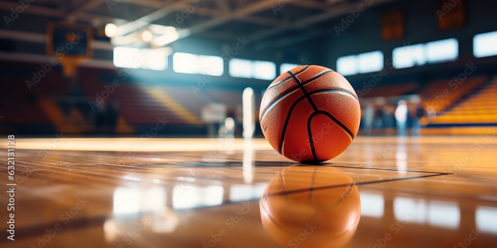 AI Generated. AI Generative. Basketball game sport arena stadium court on spotlight with basket ball on floor. Graphic Art AI Generated. AI Generative. Basketball game sport arena stadium court on spotlight with basket ball on floor. Graphic Art