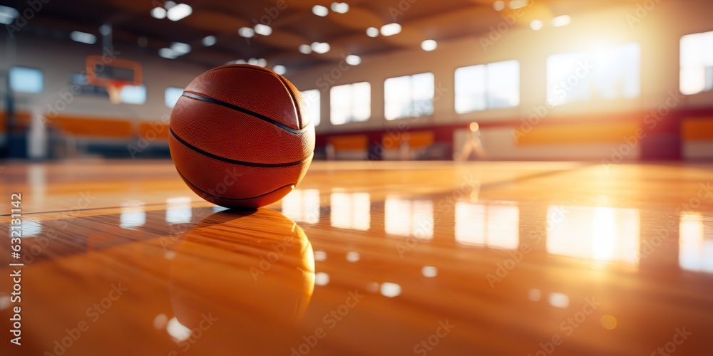 AI Generated. AI Generative. Basketball game sport arena stadium court on spotlight with basket ball on floor. Graphic Art AI Generated. AI Generative. Basketball game sport arena stadium court on spotlight with basket ball on floor. Graphic Art