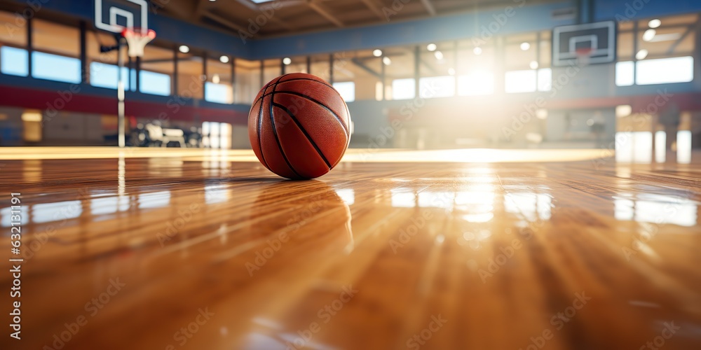AI Generated. AI Generative. Basketball game sport arena stadium court on spotlight with basket ball on floor. Graphic Art AI Generated. AI Generative. Basketball game sport arena stadium court on spotlight with basket ball on floor. Graphic Art