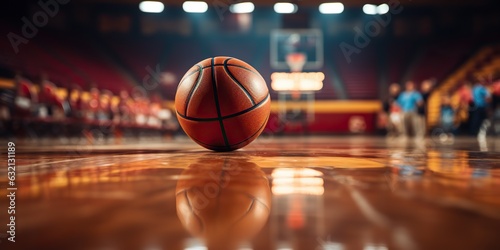 AI Generated. AI Generative. Basketball game sport arena stadium court on spotlight with basket ball on floor. Motivation sport lifestyle background poster