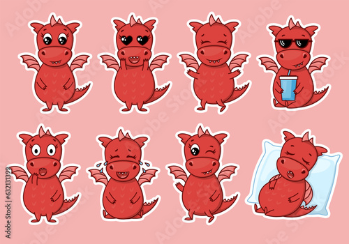 Dragon cartoon character. Cute red dragon sticker emoticon with  different emotions. Vector illustration on white background