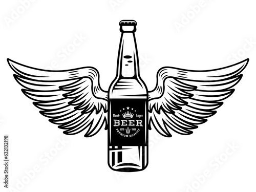 Beer bottle with wings vector illustration in monochrome vintage style isolated on white background