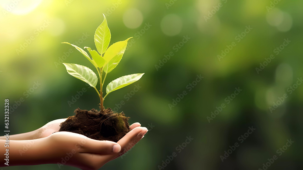 Hand holding young plant on green background. Generative ai design concept. Hand holding young plant on green background. Generative ai design concept.