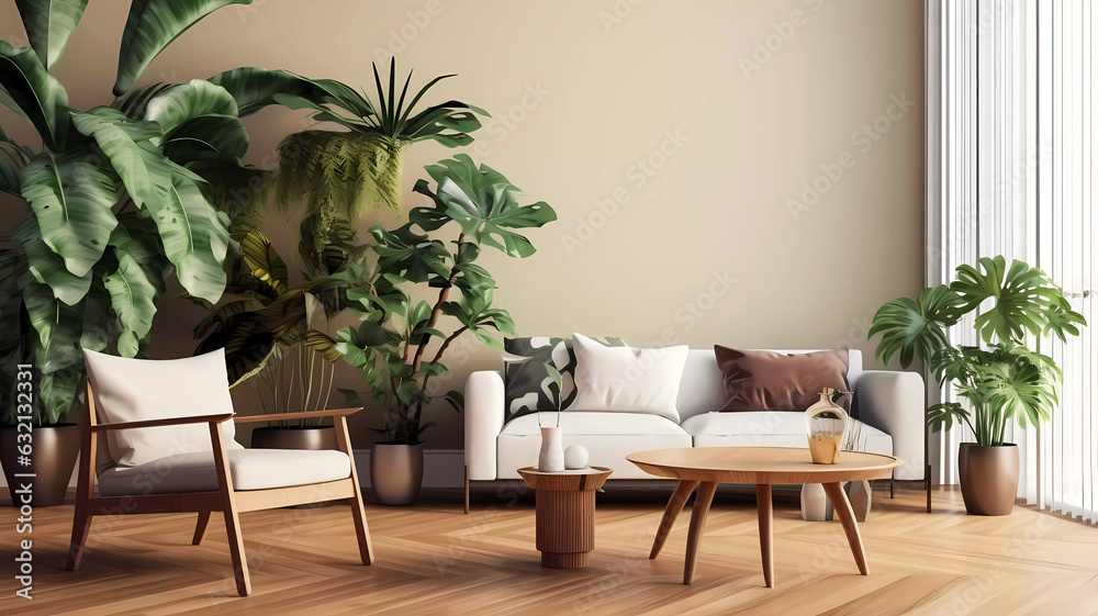 Fototapeta premium Modern livingroom interior with monstera plants. Generative ai design.