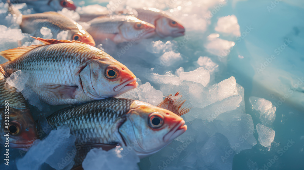 Naklejka premium Freshly caught fish on a bed of ice at a local market 