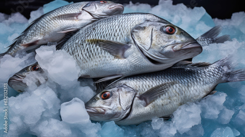  Freshly caught fish on a bed of ice at a local market 