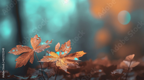 Ambiance automnale, feuilles oranges, jaunes, or sur les branches d'un arbre. Arrière-plan de flou et lumière bleu, froide. Automne, hiver, feuilles mortes. Pour conception et création graphique