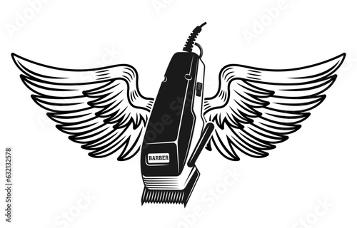 Electrical hair clipper with wings vector illustration in monochrome vintage tattoo style