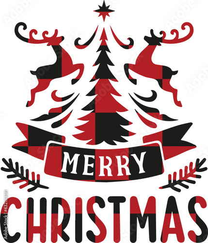 Merry Christmas, Merry Xmas - text with Red and black tartan plaid Scottish buffalo Pattern. Greeting card text Calligraphy phrase for Christmas or other gift. Xmas greetings cards, invitations