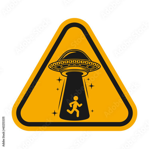 Ufo stealing human vector yellow road sign illustration concept