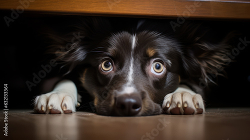 Puppy hiding under the bed with fear face