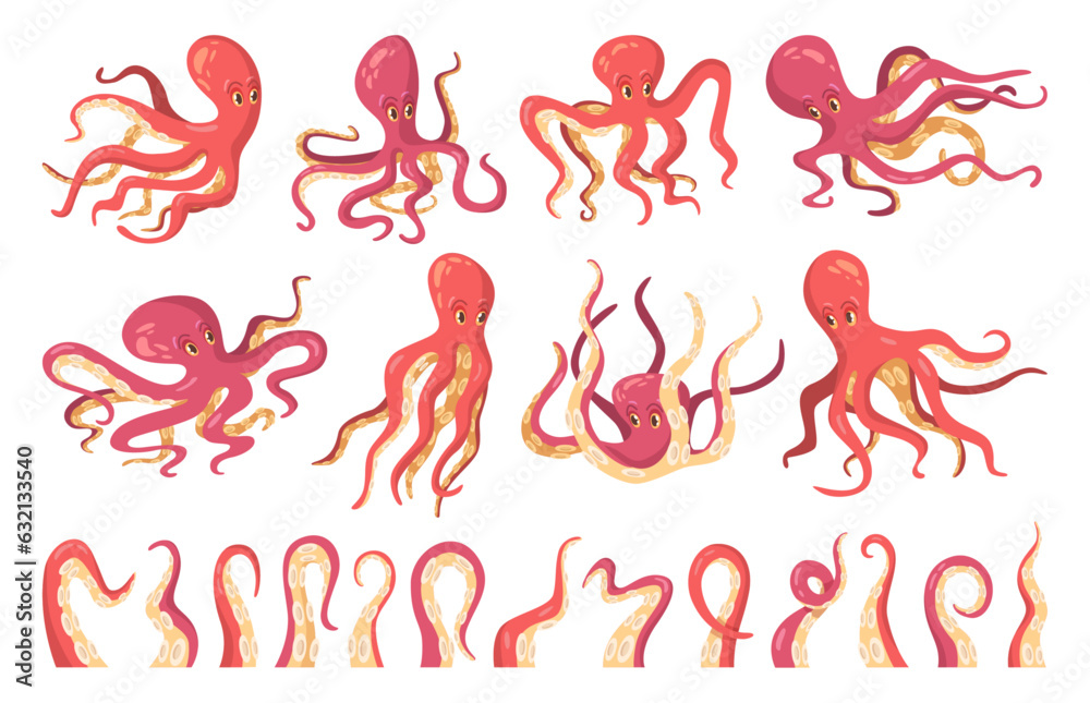 Octopus with tentacle flat cartoon icons set. Kraken, squid monster tattoo. Sea and ocean underwater creature or marine animal arms and limbs or suckers. Sea squid vector illustration