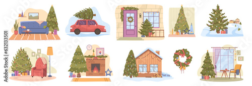 Christmas home interiors decorated with holiday fur tree Xmas decoration flat cartoon vector illustration. Rooms indoors, house outdoor with cozy New Year adornment, houses and living rooms set