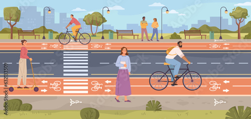 Bike walking path, cyclist traffic or road rules flat cartoon vector illustration. Cyclists use route, cycling bike rider. Biking man and active rest, pedestrian way and people