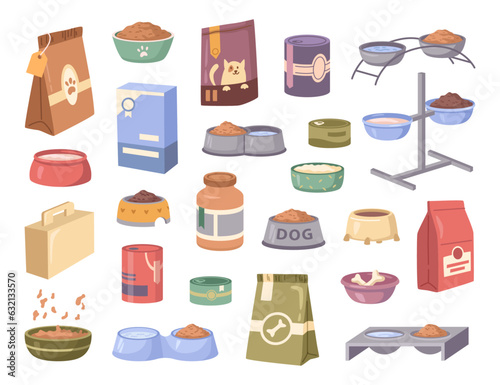 Cat and dog food. Cartoon pet feed containers or packs. Vector illustration of snack packaging and bowls set. Feeding plates, veterinary healthy products, domestic animals nutrition food