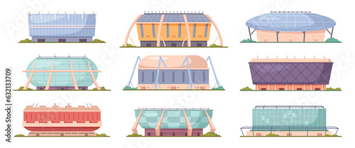 Stadium exterior. Sport building arena entrance for soccer or football championship, vector flat cartoon illustration. Public stadium front view, city arena exterior, playgrounds set
