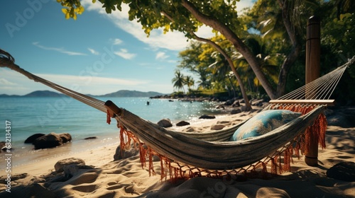 Summer vacation at a luxury beach resort with palm trees and hammock.