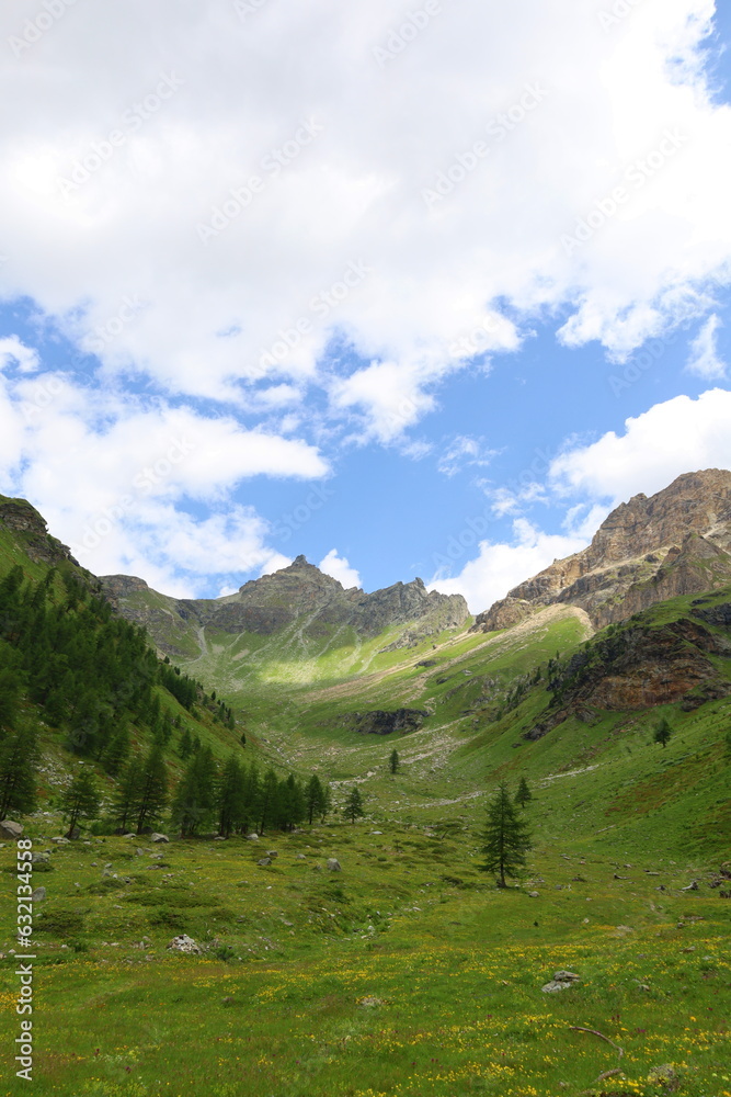 Mountain landscape on a hiking trail leading from Aosta valley to Luseney lake, in Saint Barthelemy valley, Italy