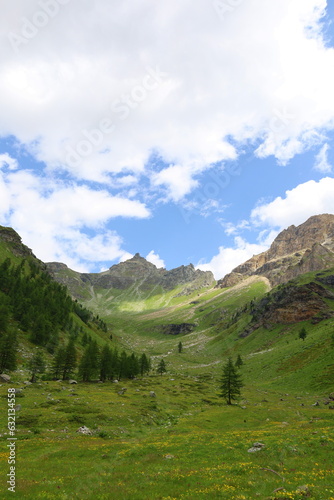 Mountain landscape on a hiking trail leading from Aosta valley to Luseney lake, in Saint Barthelemy valley, Italy