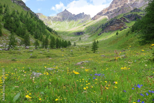 Mountain landscape on a hiking trail leading from Aosta valley to Luseney lake, in Saint Barthelemy valley, Italy