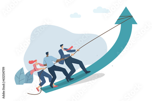 Business team pulling arrows trying to help drive the company to grow, Improve, expand your business and achieve success. Growing company concept