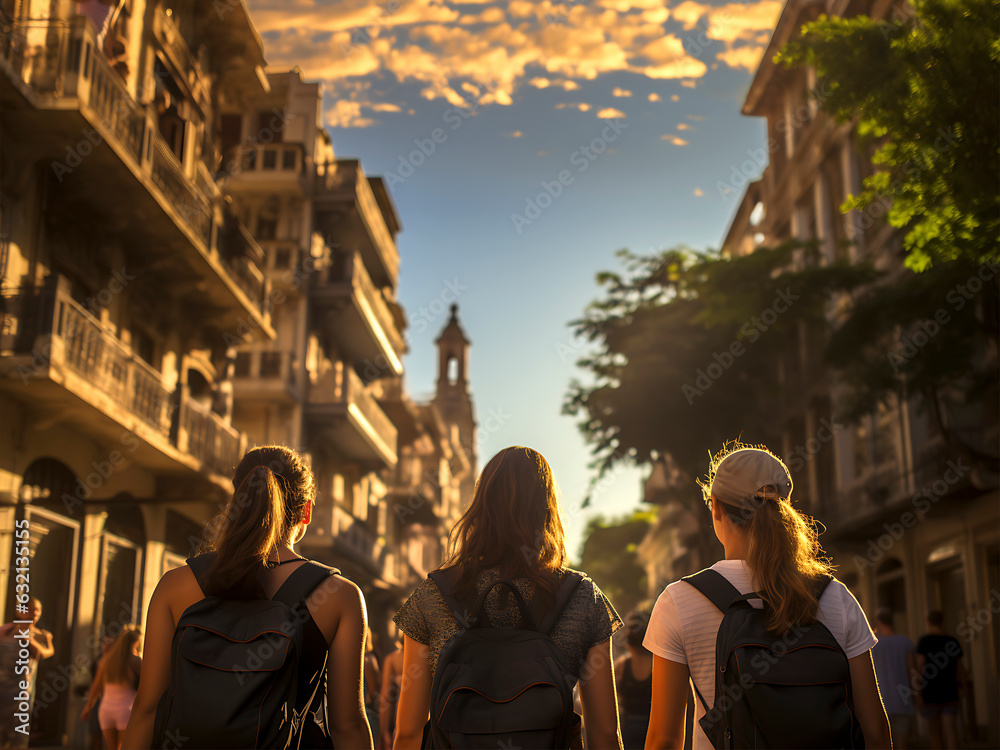 Three young female tourists stroll along a street in a European city