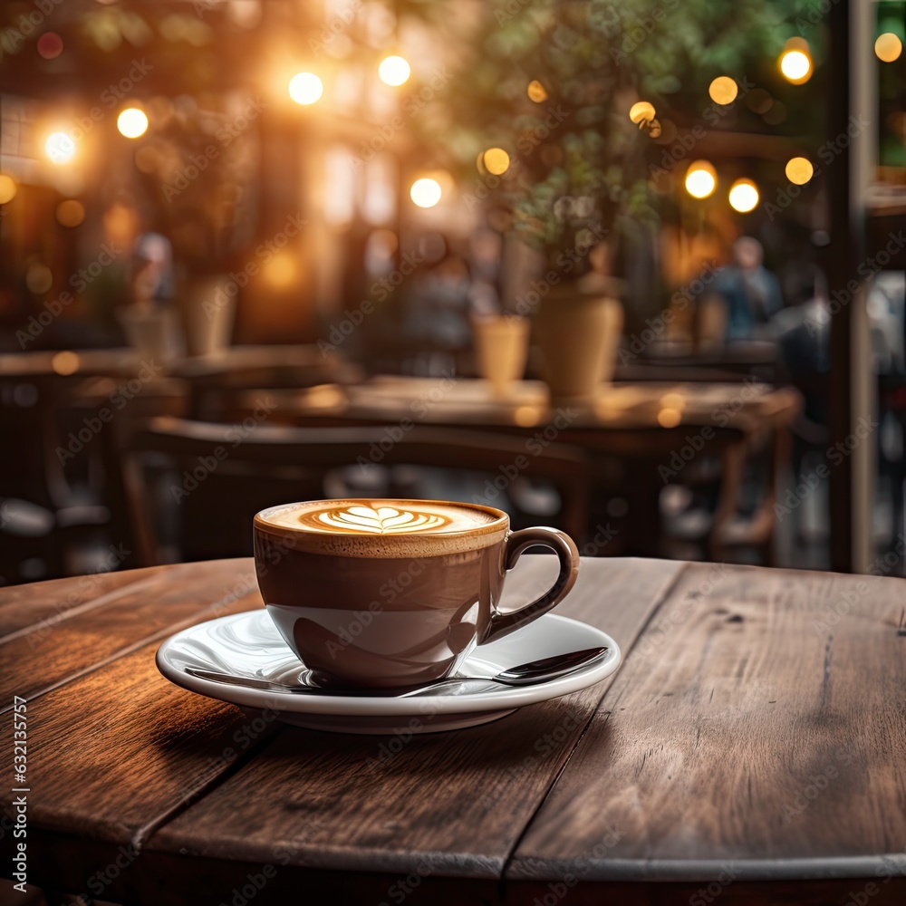 Modern cafe with decor and delicious espresso. Closeup of freshly brewed cappuccino in rustic mug. Hot coffee in white cup on table with vintage wooden background