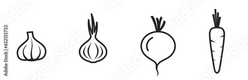 root crops line icon set. carrots, garlic, beetroot and onion. vegetable, agriculture and harvest symbols