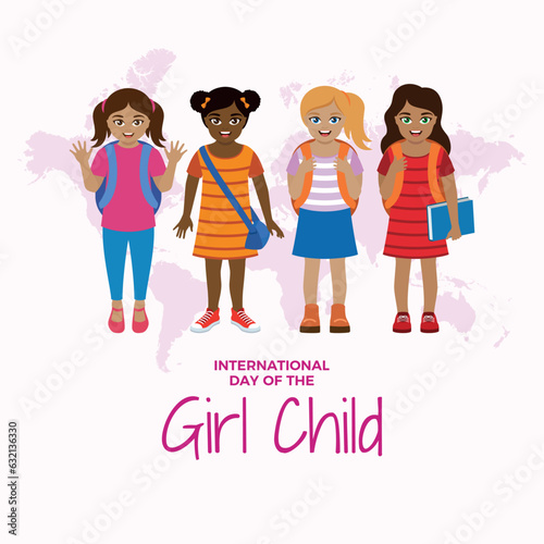 International Day of the Girl Child vector illustration. Cute little school girls icon set. Group of children standing in a row vector. Happy smiling schoolgirls cartoon character. October 11