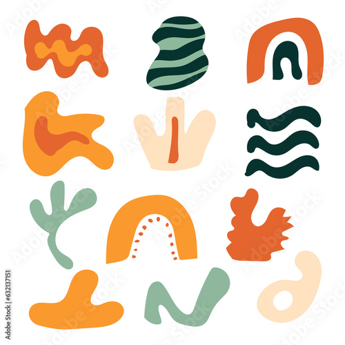 Abstract background in Matisse style. Set of trendy doodle and abstract random icons on isolated background.  unusual organic shapes in freehand matisse art style 