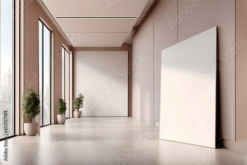 Perspective view of blank light wall with place for poster or banner in a beautiful and awesome office corridor interior. 3D Rendering mockup. Created with generative Ai.