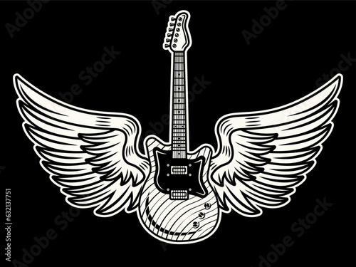 Electric guitar with wings vector illustration in tattoo vintage style on dark background