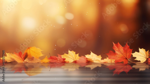 Banner design for autumn season. Fall orange maples on  blurred bokeh background. 