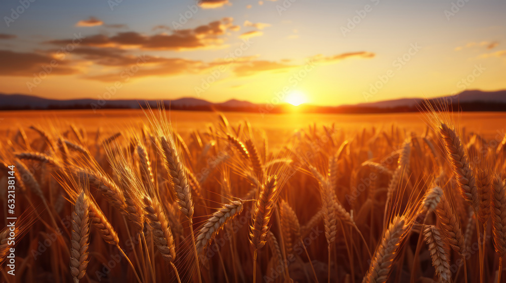 Wheat field at sunset with a warm golden light. Wheat field at sunset with a warm golden light.